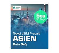 Simmetry Dati Asia eSIM, 5 GB, 90 giorni, compatibile con dispositivi iOS e Android abilitati eSIM, consente la condivisione hotspot, ideale per lunghi viaggi o uso duraturo.