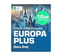 Simmetry Europe Plus dati eSIM, 10 GB, 180 giorni, compatibile con dispositivi iOS e Android abilitati eSIM, consente la condivisione hotspot, ideale per lunghi viaggi o uso duraturo.