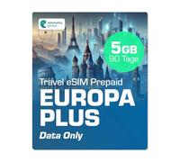 Simmetry Europe Plus dati eSIM, 5 GB, 90 giorni, compatibile con dispositivi iOS e Android abilitati eSIM, consente la condivisione hotspot, ideale per lunghi viaggi o uso duraturo.