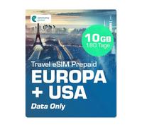 Simmetry Europe & US dati eSIM, 10 GB, 180 giorni, compatibile con dispositivi iOS e Android abilitati eSIM, consente la condivisione hotspot, ideale per lunghi viaggi o uso duraturo.