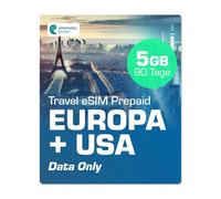 Simmetry Europe & US dati eSIM, 5 GB, 90 giorni, compatibile con dispositivi iOS e Android abilitati eSIM, consente la condivisione hotspot, ideale per lunghi viaggi o uso duraturo.