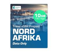 Simmetry North Africa dati eSIM, 10 GB, 180 giorni, compatibile con dispositivi iOS e Android abilitati eSIM, consente condivisione hotspot, ideale per lunghi viaggi o uso duraturo.