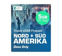 Simmetry North & South America dati eSIM, 5 GB, 90 giorni, compatibile con dispositivi iOS e Android abilitati eSIM, consente condivisione hotspot, ideale per lunghi viaggi o uso duraturo.