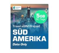 Simmetry South America dati eSIM, 10 GB, 180 giorni, compatibile con dispositivi iOS e Android abilitati eSIM, consente condivisione hotspot, ideale per lunghi viaggi o uso duraturo.