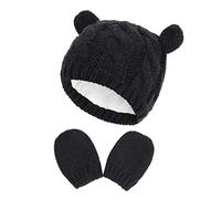 Simoda Set di Guanti per Berretto Invernale per Neonato Appena nato Set di Guanti Antigraffio per Cappello Lavorato a Maglia caldo per Ragazze dei Ragazzi del Bambino (Nero, 3-6 mesi)