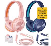 SIMOLIO Confezione da 2 cuffie cablate per bambini, da USB C a dongle da 3,5 mm, porta di condivisione, cuffie pieghevoli per adolescenti, ragazze, ragazzi, limitatore di volume a 3 livelli con
