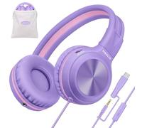 SIMOLIO Cuffie cablate per bambini con microfono, USB C e 3,5 mm, volume sicuro a 3 livelli, porta di condivisione e custodia, suono stereo e cancellazione del rumore passiva, cuffie sovrauricolari