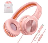 SIMOLIO Cuffie cablate per bambini per la scuola, USB C a 3,5 mm, cuffie pieghevoli con microfono, porta di condivisione e volume sicuro, cancellazione passiva del rumore con custodia, per iPhone