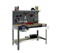 Simon Rack Banco da lavoro per officina, capacità di carico 600 kg, 1445x1210x610 mm, Pannello Forato, Ripiano per cassetti, Tavolo da lavoro fai da te, Gris/Legno - BT3