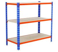 Simon Rack Scaffale Metallo Garage e 3 Ripiani, Capacità di Carico 150 kg e Punto di Flessione, 1000x800x400 mm, Metallo, Scaffalatura per Garage, Blu/Arancione/Legno - Maderclick