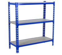 Simon Rack Scaffale Metallo Garage e 3 Ripiani, Capacità di Carico 150 kg e Punto di Flessione, 1000x900x300 mm, Metallo, Scaffalatura per Garage, Blu/Legno - Maderclick