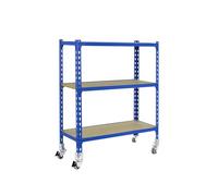 Simon Rack Scaffale Metallo Garage e 3 Ripiani, Capacità di Carico 75 kg e Punto di Flessione, 975x800x500 mm, Metallo, Scaffalatura per Garage con Ruote, Blu/Legno - Maderclick