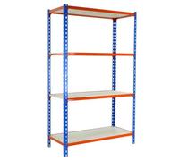 Simon Rack Scaffale Metallo Garage e 4 Ripiani, Capacità di Carico 200 kg e Punto di Flessione, 1500x1100x300 mm, Metallo, Scaffalatura per Garage, Blu/Arancione/Legno - Maderclick