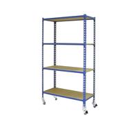 Simon Rack Scaffale Metallo Garage e 4 Ripiani, Capacità di Carico 75 kg e Punto di Flessione, 1575x1000x400 mm, Metallo, Scaffalatura per Garage con Ruote, Blu/Legno - Maderclick