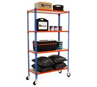 Simon Rack Scaffale Metallo Garage e 4 Ripiani, Capacità di Carico 75 kg e Punto di Flessione, 1575x1100x500 mm, Metallo, Scaffalatura per Garage con Ruote, Blu/Arancione/Legno - Maderclick