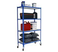 Simon Rack Scaffale Metallo Garage e 4 Ripiani, Capacità di Carico 75 kg e Punto di Flessione, 1575x1100x300 mm, Metallo, Scaffalatura per Garage con Ruote, Blu/Legno - Maderclick