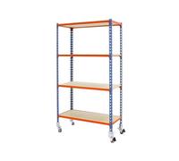 Simon Rack Scaffale Metallo Garage e 4 Ripiani, Capacità di Carico 75 kg e Punto di Flessione, 1575x800x500 mm, Metallo, Scaffalatura per Garage con Ruote, Blu/Arancione/Legno - Maderclick