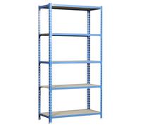 Simon Rack Scaffale Metallo Garage e 5 Ripiani, Capacità di Carico 150 kg e Punto di Flessione, 2000x1000x500 mm, Metallo, Scaffalatura per Garage, Blu/Legno - Maderclick