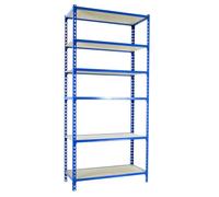 Simon Rack Scaffale Metallo Garage e 6 Ripiani, Capacità di Carico 150 kg e Punto di Flessione, 2500x800x300 mm, Metallo, Scaffalatura per Garage, Blu/Legno - Maderclick