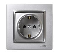 SIMON - Spina da incasso Schuko, serie Simon 10, 250 V, 16 A, presa a parete piatta e sottile, facile da installare, include telaio, coperchio e meccanismo, base di presa femmina colore alluminio