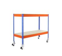 SimonRack Scaffale metallico, 75 kg di punto flessione, 975 x 1200 x 600 mm, 2 altezze legno, scaffalatura, inserto ruote, blu/arancione/legno - SimonWorkshop