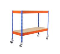 SimonRack Scaffale metallico, 75 kg di punto flessione, 975 x 1200 x 750 mm, 2 ripiani in legno, scaffalatura, inserto ruote, blu/arancione/legno - SimonWorkshop