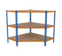 SimonRack Scaffale Metallo Garage Angolo, 3 Ripiani Legno, 200 kg di Punto di Flessione, 900x900x500 mm, Scaffale Garage, Senza Viti, Blu/Arancione/Legno - Maderclick Corner