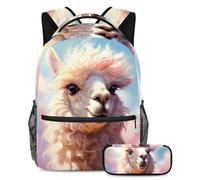 Simpatica alpaca conquista la classe con il nostro set di 2 zaini per bambini, zaino e astuccio di grande capacità per ragazzi ragazze adolescenti, Multicolore#02, B：29.4x20x40cm P：19x7.5x3.8cm,