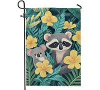 Simpatica bandiera da giardino con koala e procione, fiore giallo tropicale decorazione per esterni, bandiera da cortile in iuta su entrambi i lati, decorazione stagionale per la casa, 30,5 x 45,7 cm