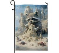 Simpatica bandiera da giardino con procione, castello di sabbia oceanica, bandiera estiva a doppia faccia per la decorazione del prato esterno, divertente cartello costiero 30,5 x 45,7 cm