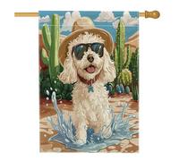Simpatica bandiera per casa del cane Cavachon, 71,1 x 101,6 cm, double-face, decorativa, divertente, con cactus, deserto, cortile, casa, lino, per animali domestici, per esterni, cortile, prato