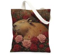 Simpatica borsa a secchiello in tela Capybara per lo shopping, 33 x 38 cm, per San Valentino, romantiche rose, borsa della spesa riutilizzabile per donne, lavoro con animali, viaggi, pittura