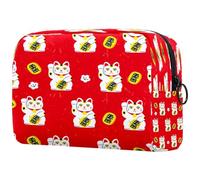 Simpatica borsa cosmetica giapponese con gatti Neko Lucky Neko con sfondo rosso per donne, trousse da viaggio per articoli da toeletta grandi, pratica borsa organizer con cerniera, Multi,