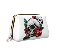 Simpatica borsa da viaggio per trucco per donna, teschio con una rosa in bocca Borsa per cosmetici in pelle Borsa portatile impermeabile piccola borsa per trucco Organizer Borsa da toilette per ragaz