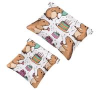 Simpatica borsa per cosmetici con capibara con cuori e ciambella su sfondo rosa, borsa per cosmetici impermeabile, senza cerniera, chiusura automatica, mini custodia portatile da viaggio per cuffie e