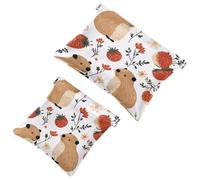 Simpatica borsa per cosmetici con capibara con cuori e ciambella su sfondo rosa, borsa per cosmetici impermeabile, senza cerniera, chiusura automatica, mini custodia portatile da viaggio per cuffie e