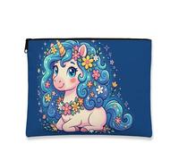 Simpatica borsa per il trucco a forma di cavallo, borsa cosmetica fantasia floreale per donne, organizer portatile in tela con cerniera, borsa da viaggio estiva, Blu, 7x9 Inch, Cavallo Magico