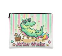 Simpatica borsa per il trucco a forma di coccodrillo, divertente astuccio da viaggio estivo per donne, organizer portatile in tela con cerniera, accessorio per vacanze al mare, Verde, 7x9 Inch