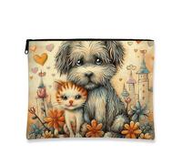 Simpatica borsa per il trucco con animali, adorabile astuccio da viaggio per cani e gatti, borsa da viaggio per donne, organizer portatile in tela con cerniera, per gli amanti degli animali, Crema