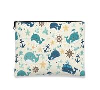 Simpatica borsa per il trucco con balena in stile cartone animato, borsa da viaggio per donne, organizer portatile con cerniera, essenziale per la spiaggia estiva, Blu, 7x9 Inch, Balena