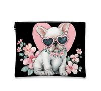 Simpatica borsa per il trucco con cani francesi, borsa cosmetica da viaggio con stampa floreale, custodia portatile in tela con cerniera, organizer regalo per amanti degli animali, elementi essenziali