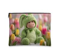 Simpatica borsa per il trucco con coniglietto verde, borsa da viaggio per cosmetici in peluche per bambini, organizer portatile per articoli da toeletta con cerniera, borsa regalo per festival di