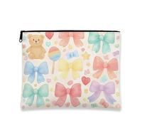 Simpatica borsa per il trucco con fiocco e orso, borsa da viaggio per cosmetici da donna, organizer portatile in tela con cerniera, regalo dolce per festival, Pesca, 7x9 Inch, Archi e Orso