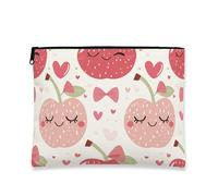 Simpatica borsa per il trucco con frutta, fantasia di ciliegie e cuore, borsa da viaggio per donne, piccola borsa portatile in tela con cerniera, Pesca, 7x9 Inch, Frutta