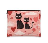 Simpatica borsa per il trucco con gatti neri con papillon e cuori, astuccio da viaggio per donne, organizer portatile in tela con cerniera, regalo di San Valentino, Pesca, 7x9 Inch, Cuori