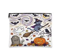 Simpatica borsa per il trucco con gatto blu russo con strega di Halloween, 17,8 x 22,8 cm, per viaggi, divertente e raccapricciante per cimitero, trousse per cosmetici, regalo da donna, spaventoso