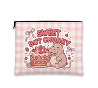 Simpatica borsa per il trucco, con ippopotamo dolce e torta, borsa da viaggio per donne, piccola borsa portatile in tela con cerniera, Pesca, 7x9 Inch, Ippopotamo