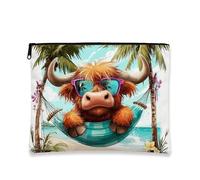 Simpatica borsa per il trucco con mucca delle Highland, design tropicale con toro da spiaggia, borsa per cosmetici in tela portatile, organizer da viaggio estivo, regalo per festival, Arancione, 7x9