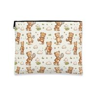 Simpatica borsa per il trucco con orso giocoso, adorabile astuccio da viaggio per cosmetici da donna, organizer portatile in tela con cerniera, borsa per la cura della pelle quotidiana, Beige, 7x9