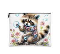 Simpatica borsa per il trucco con procione, adorabile astuccio da viaggio per donne, piccolo organizer portatile in tela con cerniera, regalo per festival e occasioni speciali, bianco, 7x9 Inch